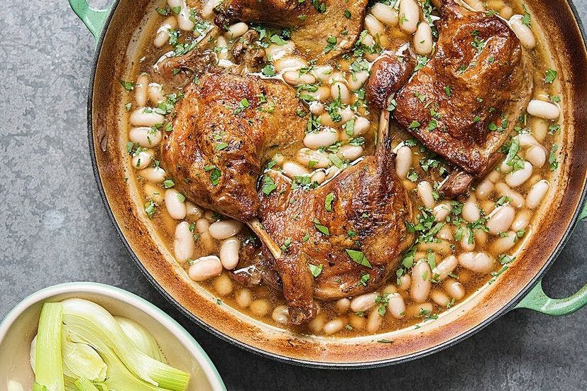 Duck with beans and greens