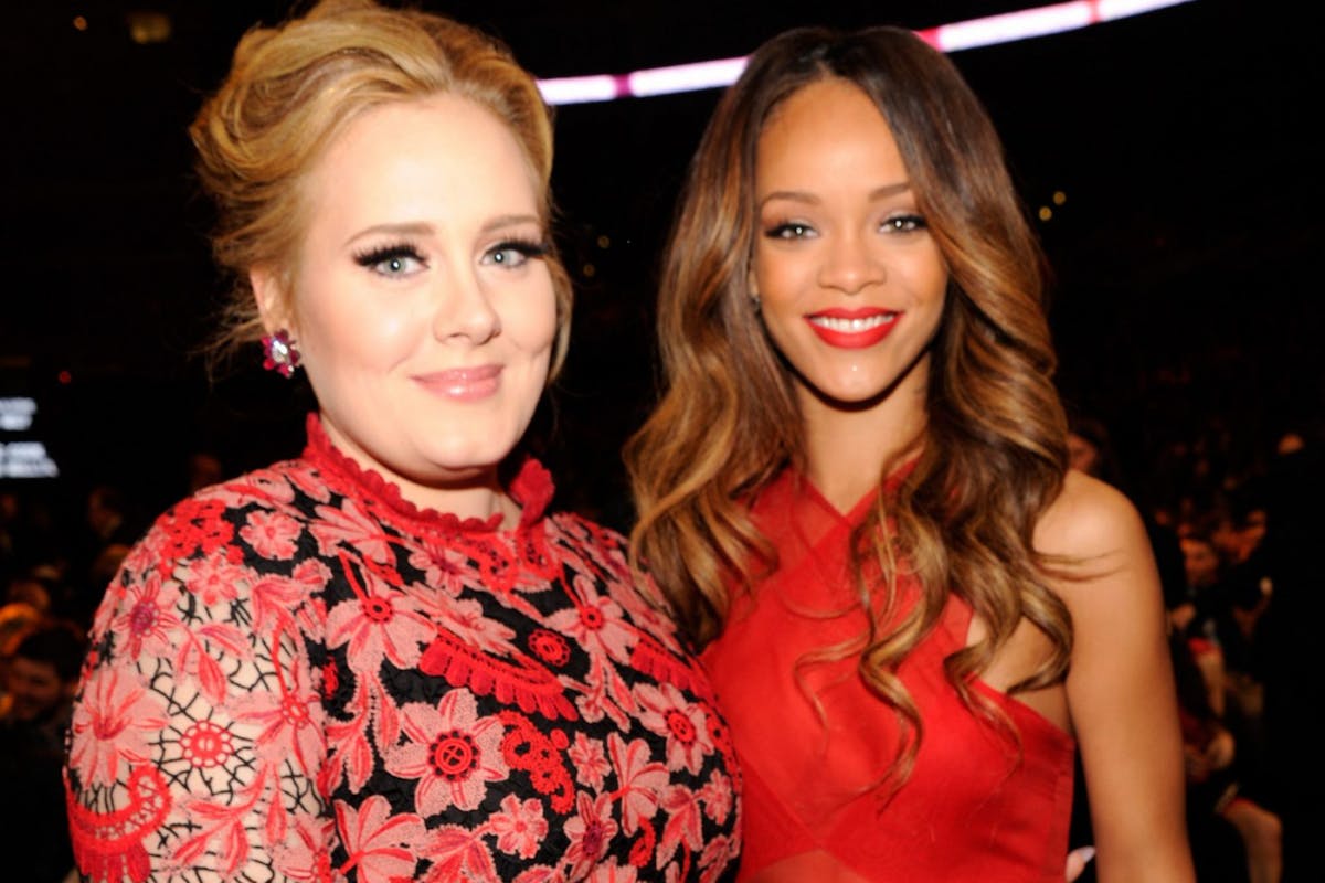 LOS ANGELES, CA - FEBRUARY 10: Adele and Rihanna attend the 55th Annual GRAMMY Awards at STAPLES Center on February 10, 2013 in Los Angeles, California. (Photo by Kevin Mazur/WireImage)