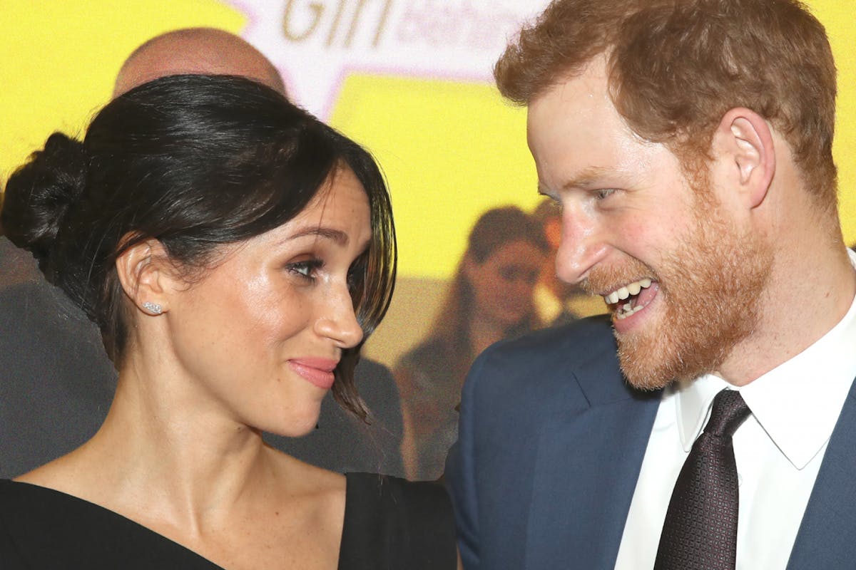Prince Harry and Meghan Markle against a yellow background