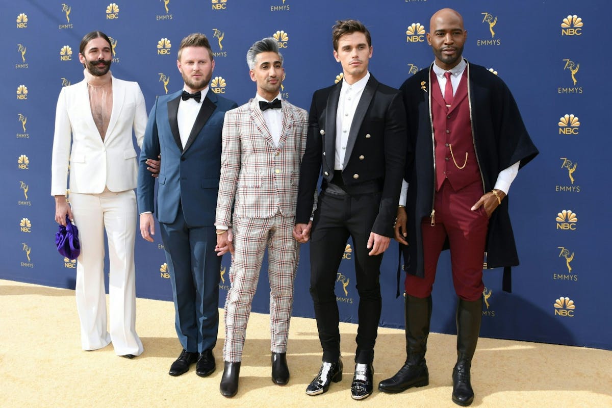 The cast from 'Queer Eye' (L-R) Jonathan Van Ness, Bobby Berk, Tan France, Antoni Porowski and Karamo Brown arrive for the 70th Emmy Awards at the Microsoft Theatre in Los Angeles, California on September 17, 2018. (Photo by VALERIE MACON / AFP) (Photo credit should read VALERIE MACON/AFP/Getty Images)