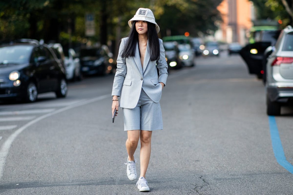 Street style image of short suit