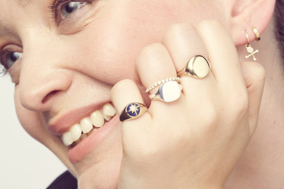 Stylist fashion assistant Helen Atkin wears signet rings issue 468