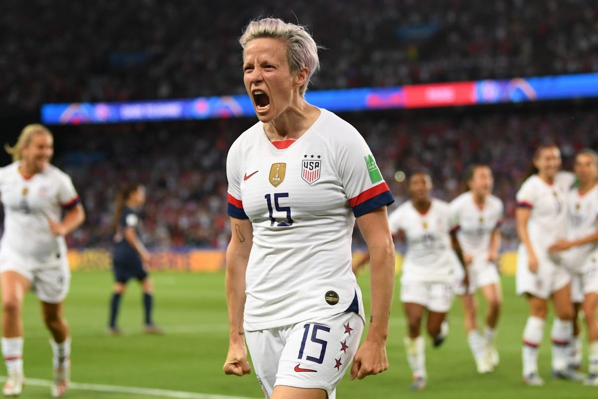 Megan Rapinoe celebrates in the 2019 Women's World Cup