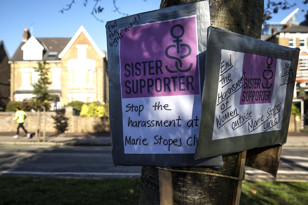 Placards in support of a Public Space Protection Order are placed outside the Marie Stopes Abortion Clinic by a pro-choice group on October 27, 2017 in London, England. Earlier this month, Ealing councillors voted in favour of enforcing a Public Space Protection Order (PSPO) to prevent anti-abortion groups from gathering outside the Marie Stopes clinic.