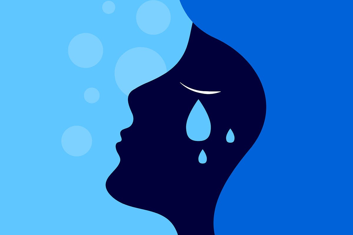 A blue illustration of a woman crying