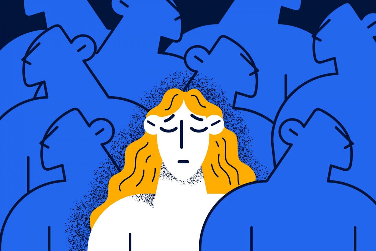 An illustration of an anxious woman in a crowd