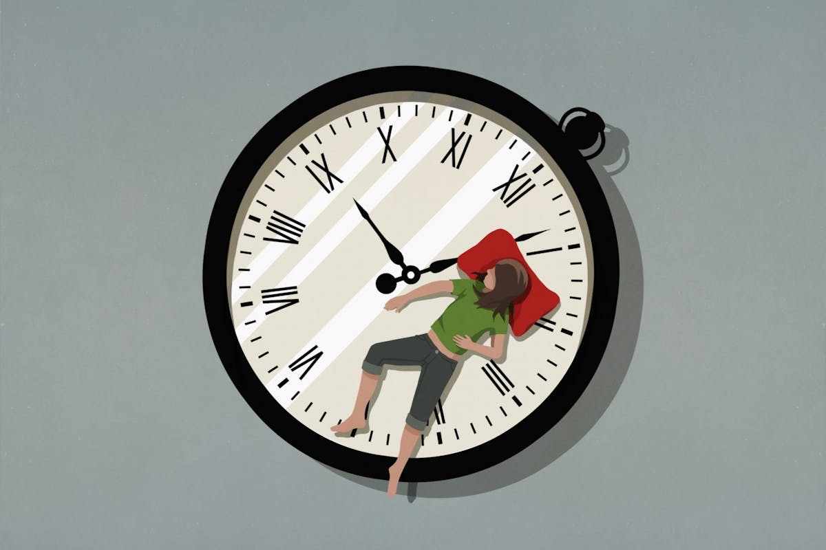 A woman sleeping on a clock illustration