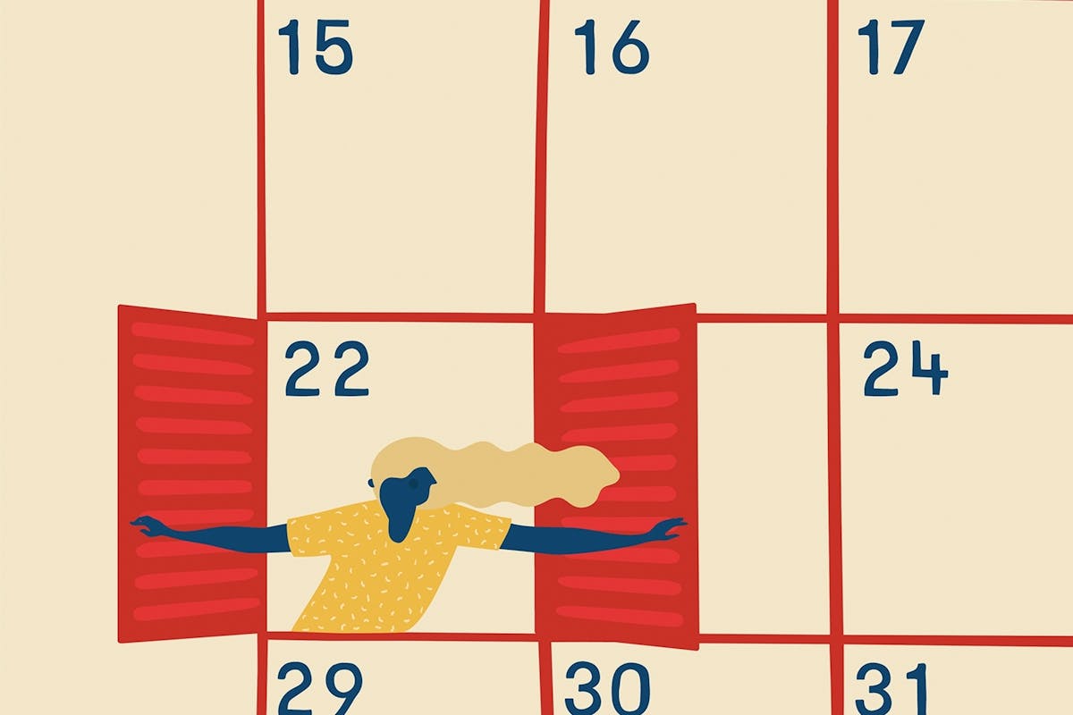 An illustration of a woman opening the door of a calendar