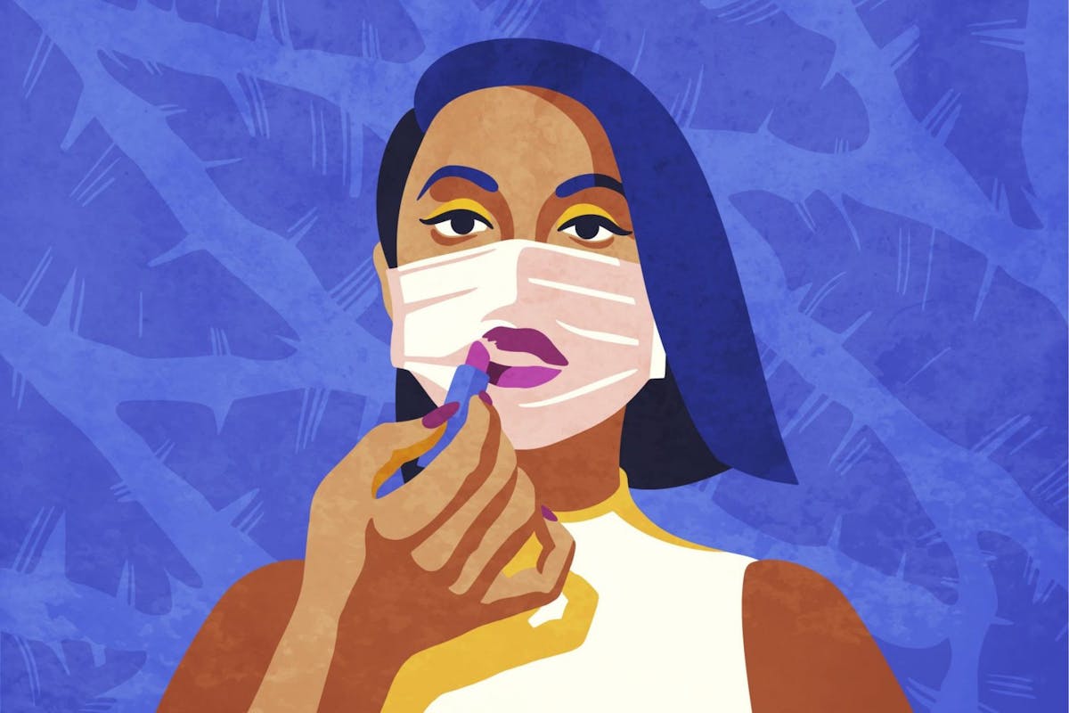 Illustration of woman applying lipstick over mask