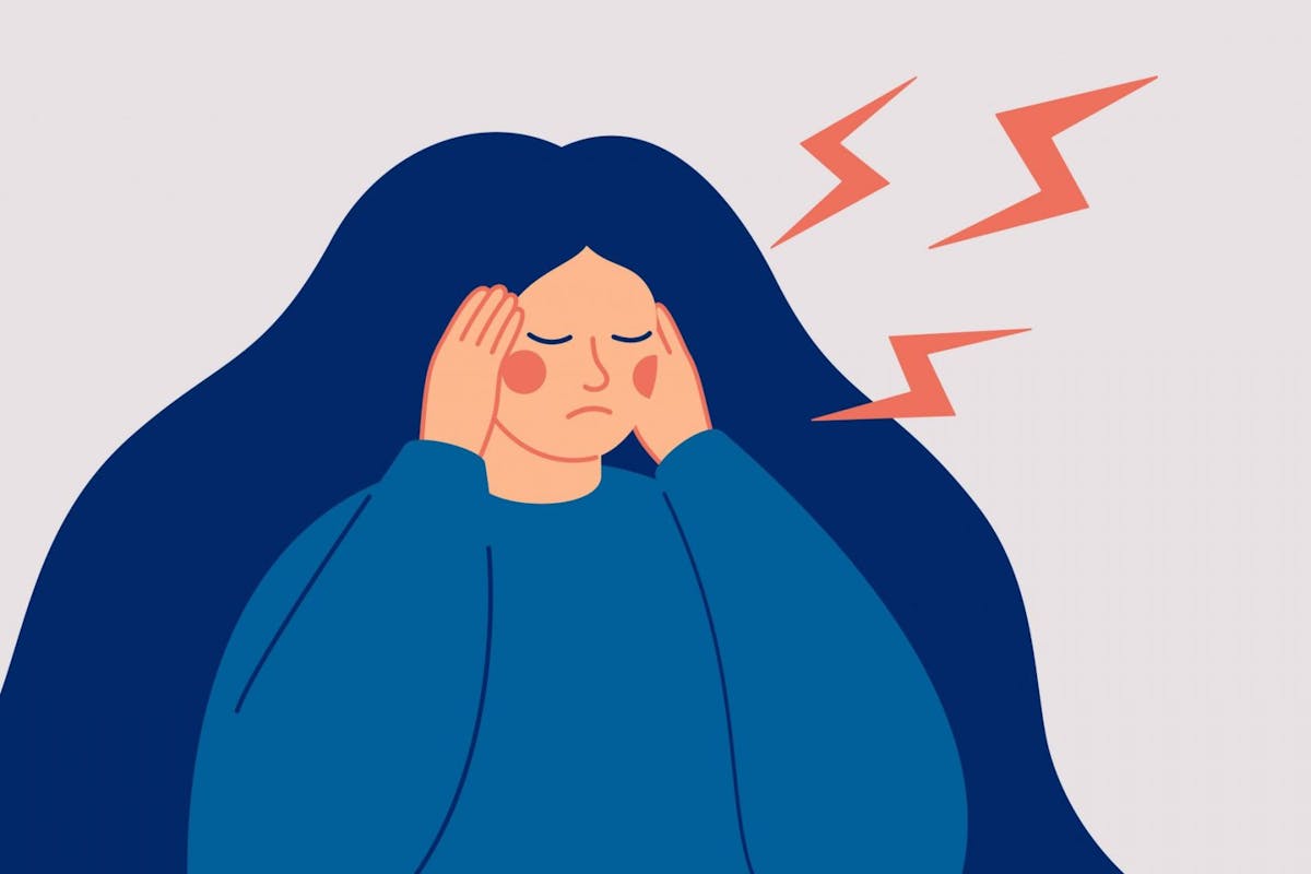 Young woman has a dreadful headache. The sad woman touches her temples with her hands and suffers from a migraine. Vector illustration