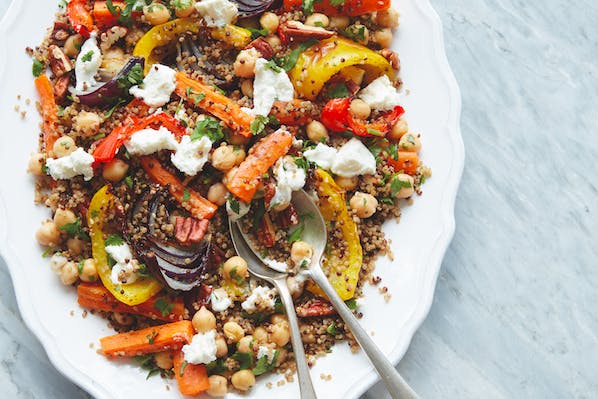 Roasted carrot, chickpea, grain and pecan bowl