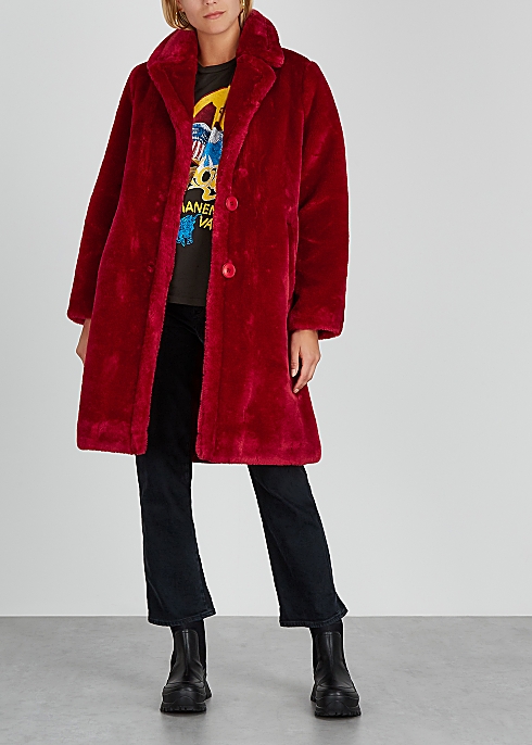 zara red faux fur coat