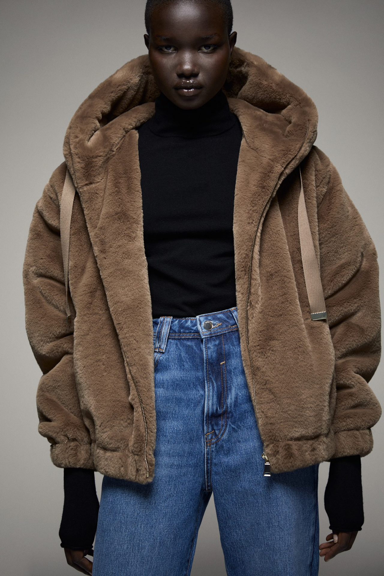 zara brown faux fur jacket