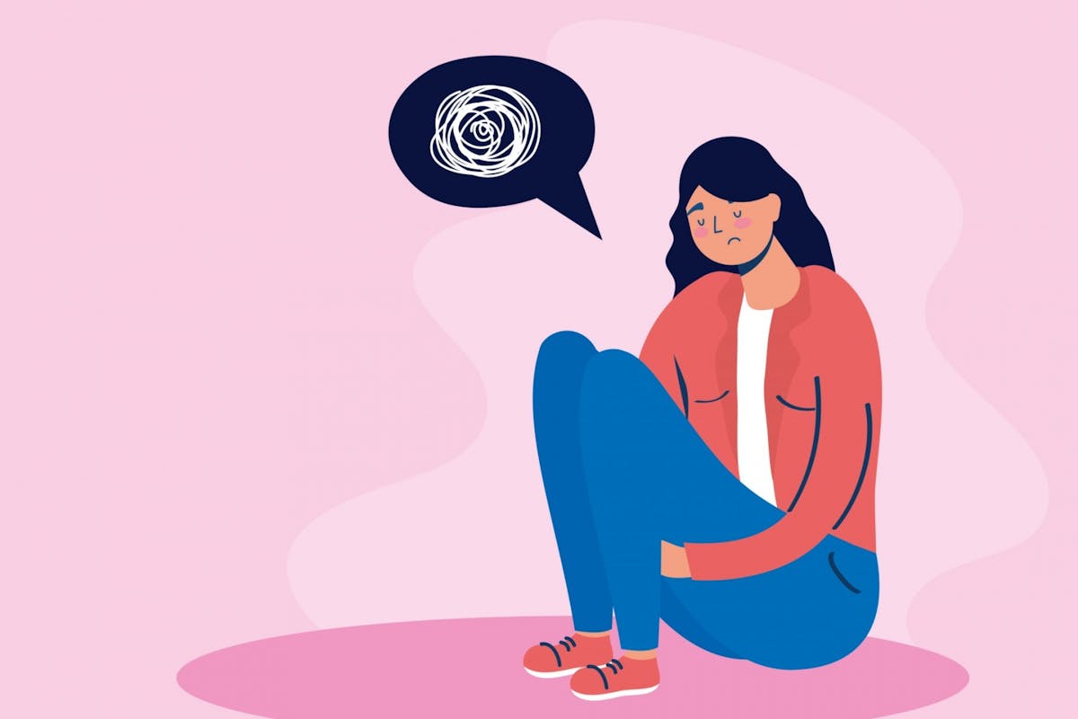 An illustration of a woman having a panic attack with a pink background