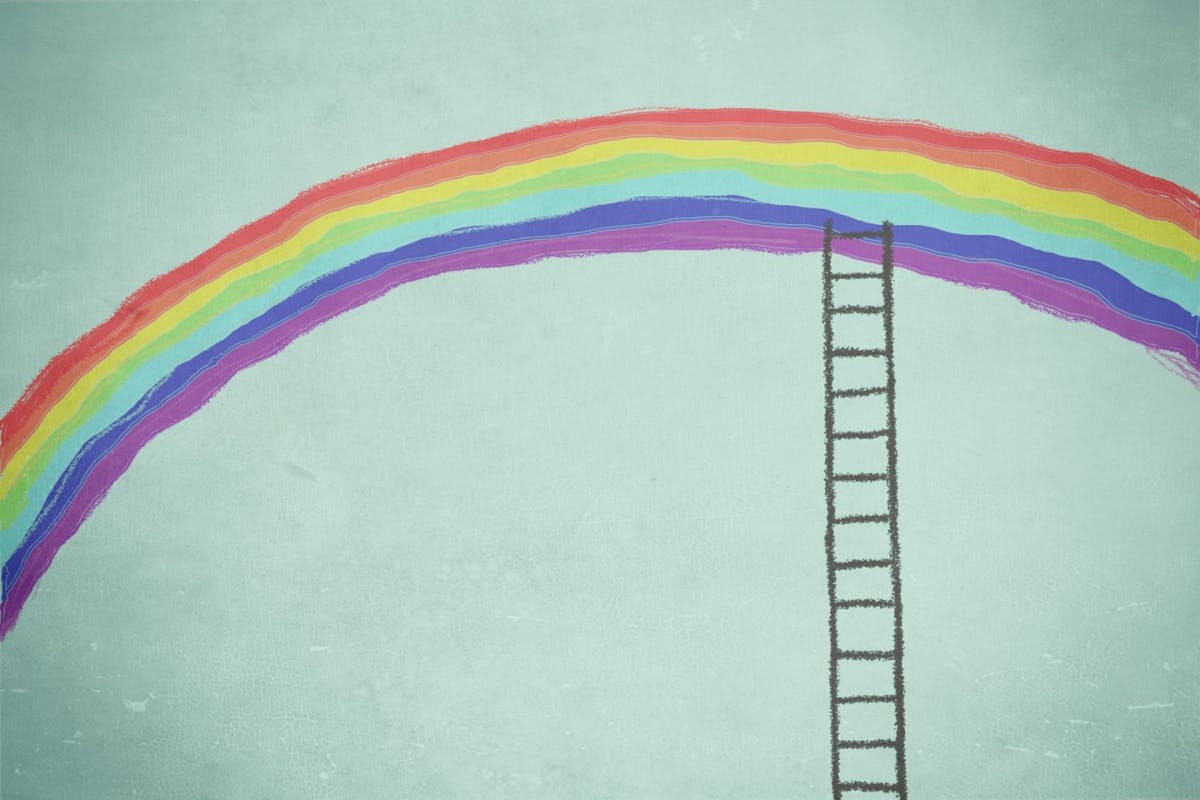 Illustration of ladder reaching a rainbow.
