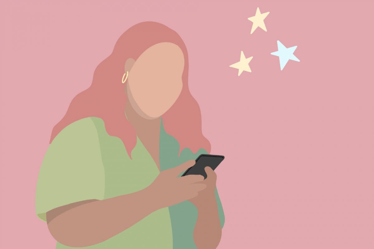 An illustration of a woman on her phone with a pink background