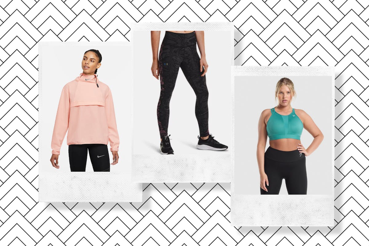 A collage of a waterproof jacket, warm leggings and high neck sports bra