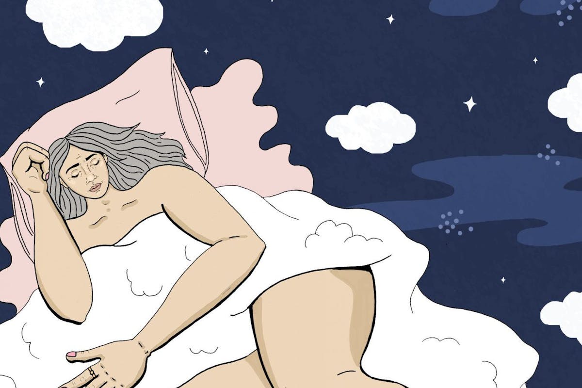 Illustration by Alice Skinner of a woman lying in bed beneath the cloudy night sky