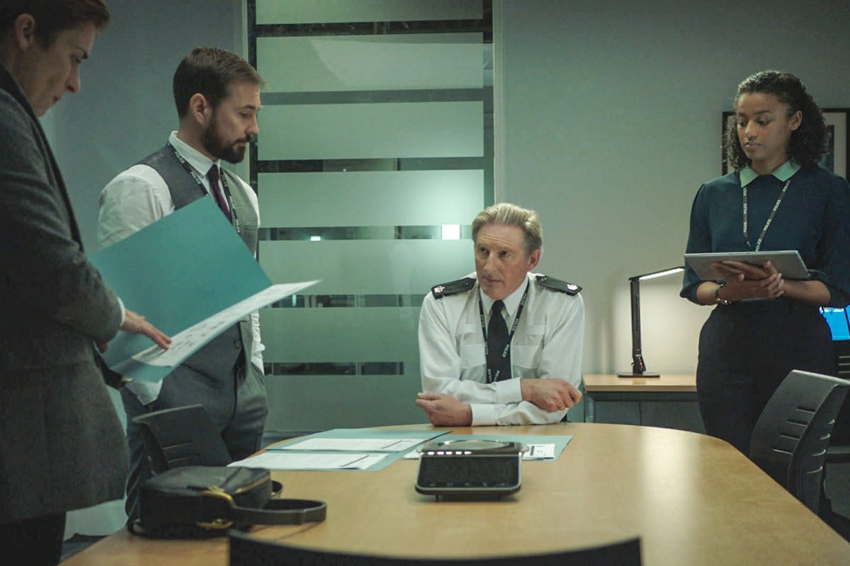 A shot from Line Of Duty season six with AC-12 talking about files