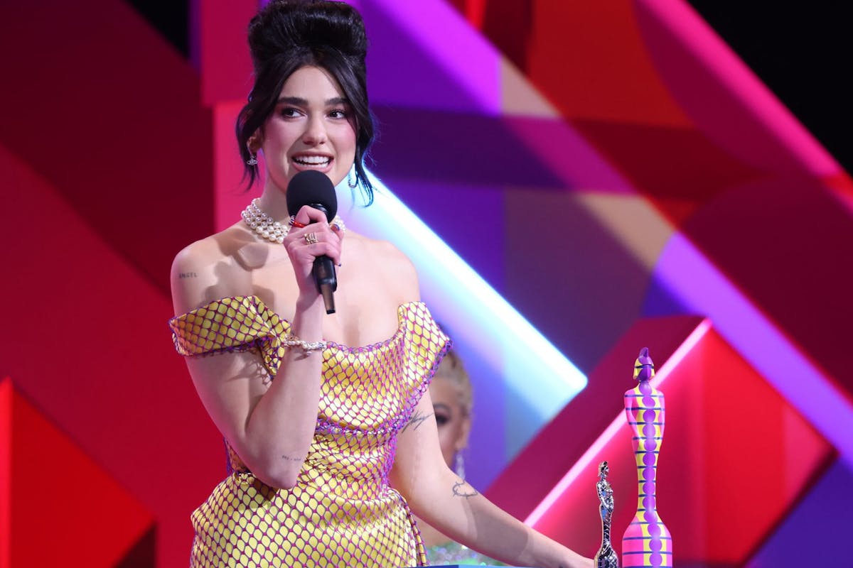 Dua Lipa receives the award for Best Female Solo Artist during The BRIT Awards 2021 at The O2 Arena on May 11, 2021 in London, England. (Photo by JMEnternational/JMEnternational for BRIT Awards/Getty Images)