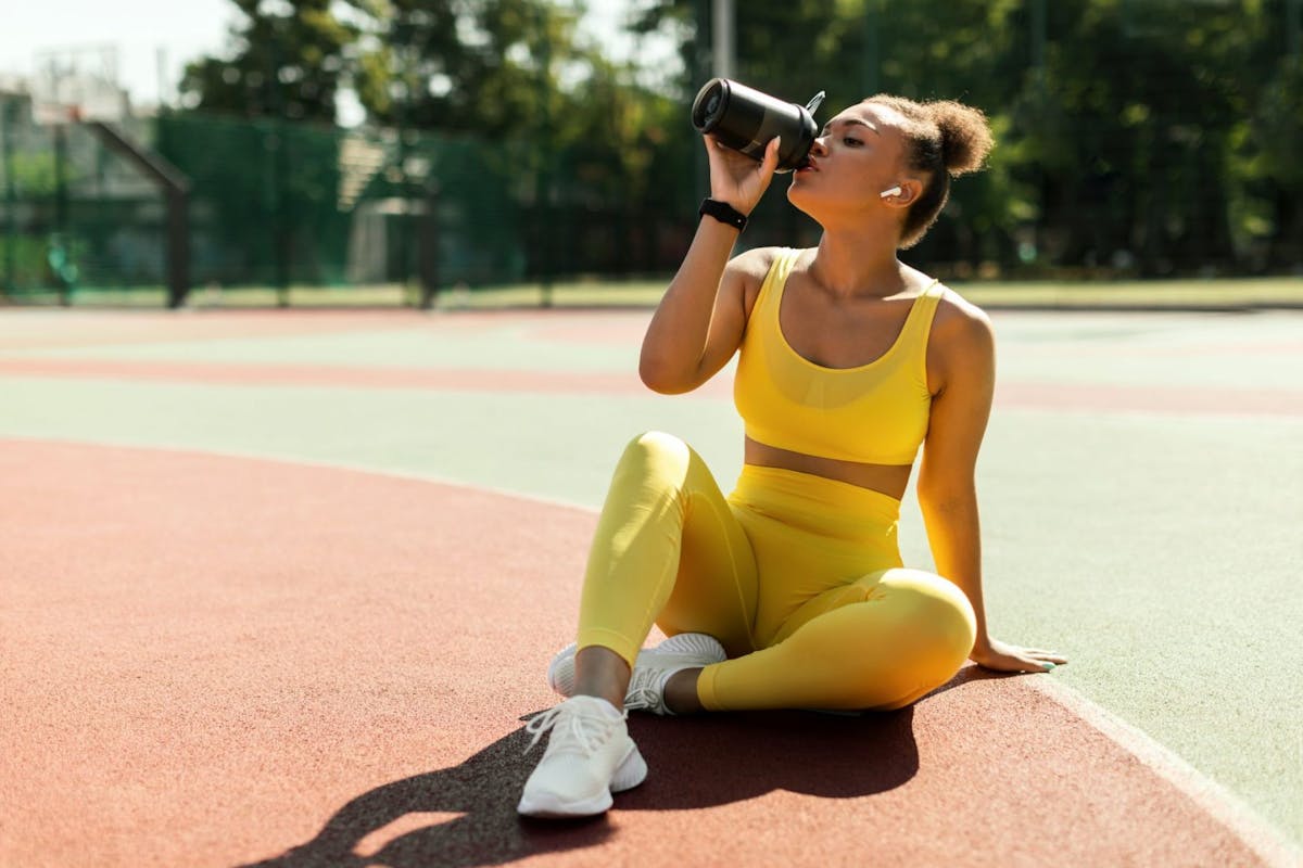 Woman drinking a protein shake on a running track