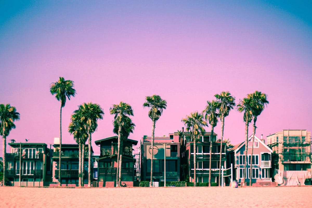Pink Los Angeles Sunset With Palm Trees And Beach Houses - stock photo