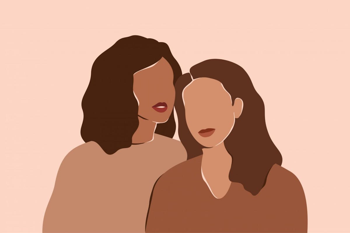 bstract minimal portrait of two girls in earth's natural tones. Concept of sisterhood and females friendship. - stock vector