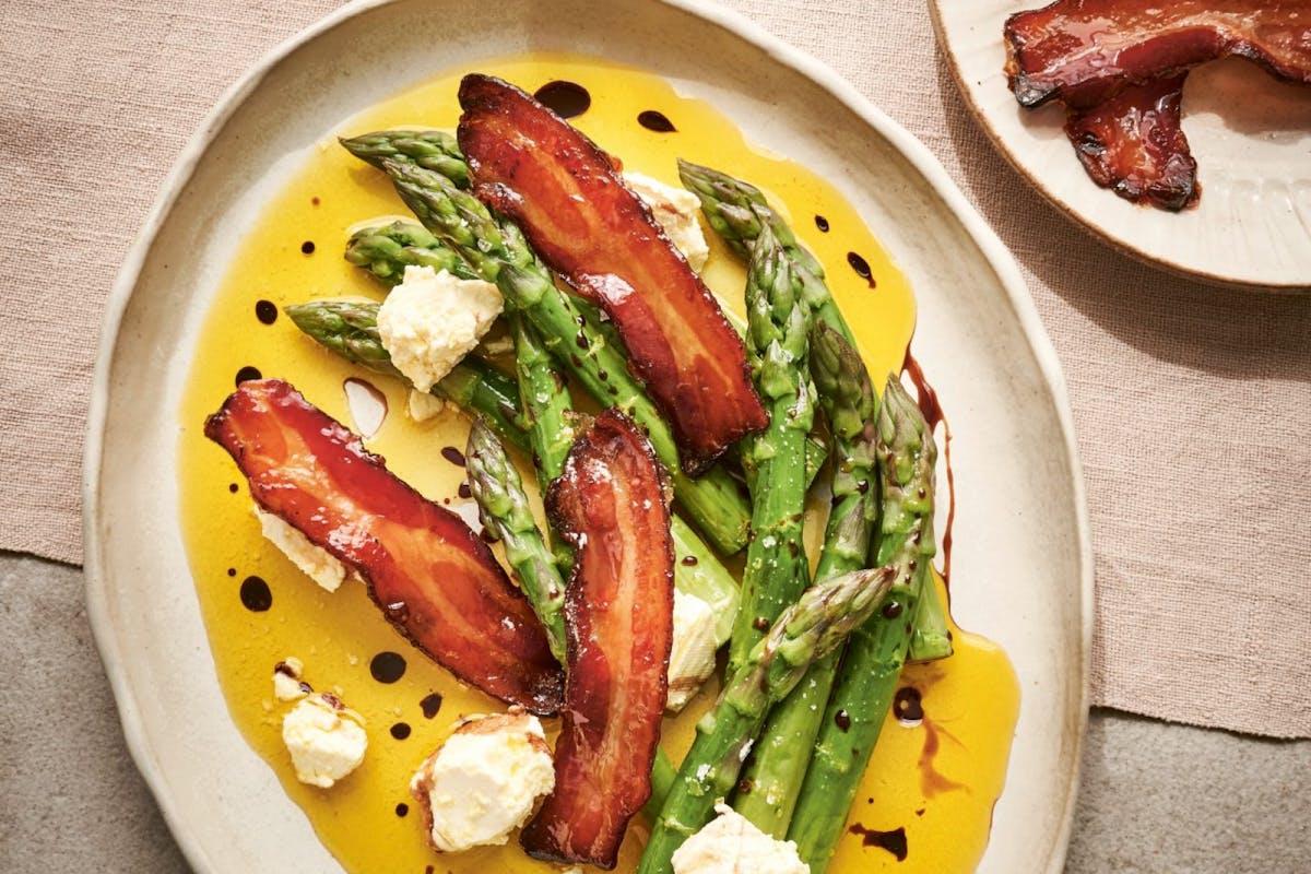 Asparagus, Candied Bacon and Graceburn recipe by Selin Kiazim