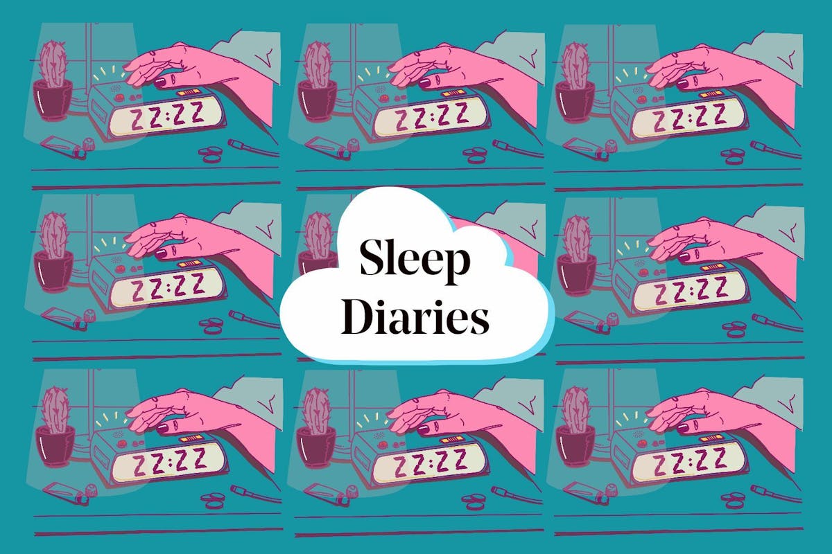 A collage of pictures of a person pressing an alarm clock with the words 'sleep diaries' over it