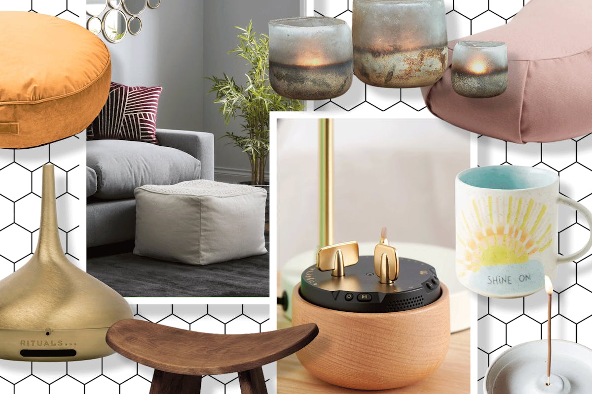 collage of candles, pouffes, bench and homeware buys