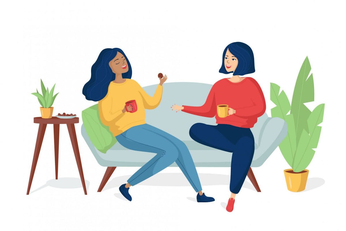 Illustration of two young happy cheerful women are sitting on the couch and laughing.