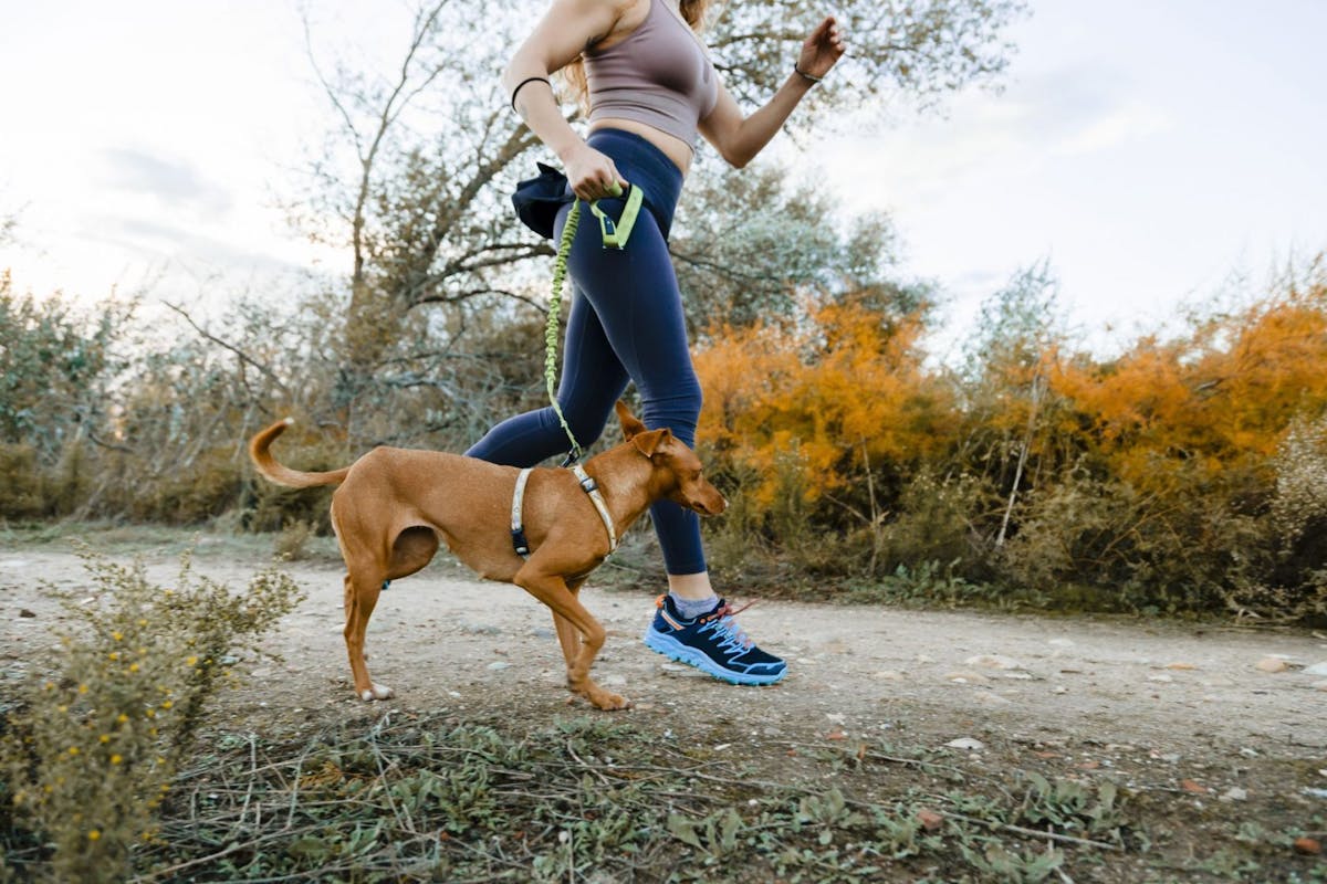 Woman running with a dog in a park