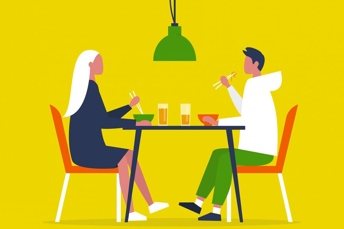 illustration of a young couple eating ramen with the chopstics