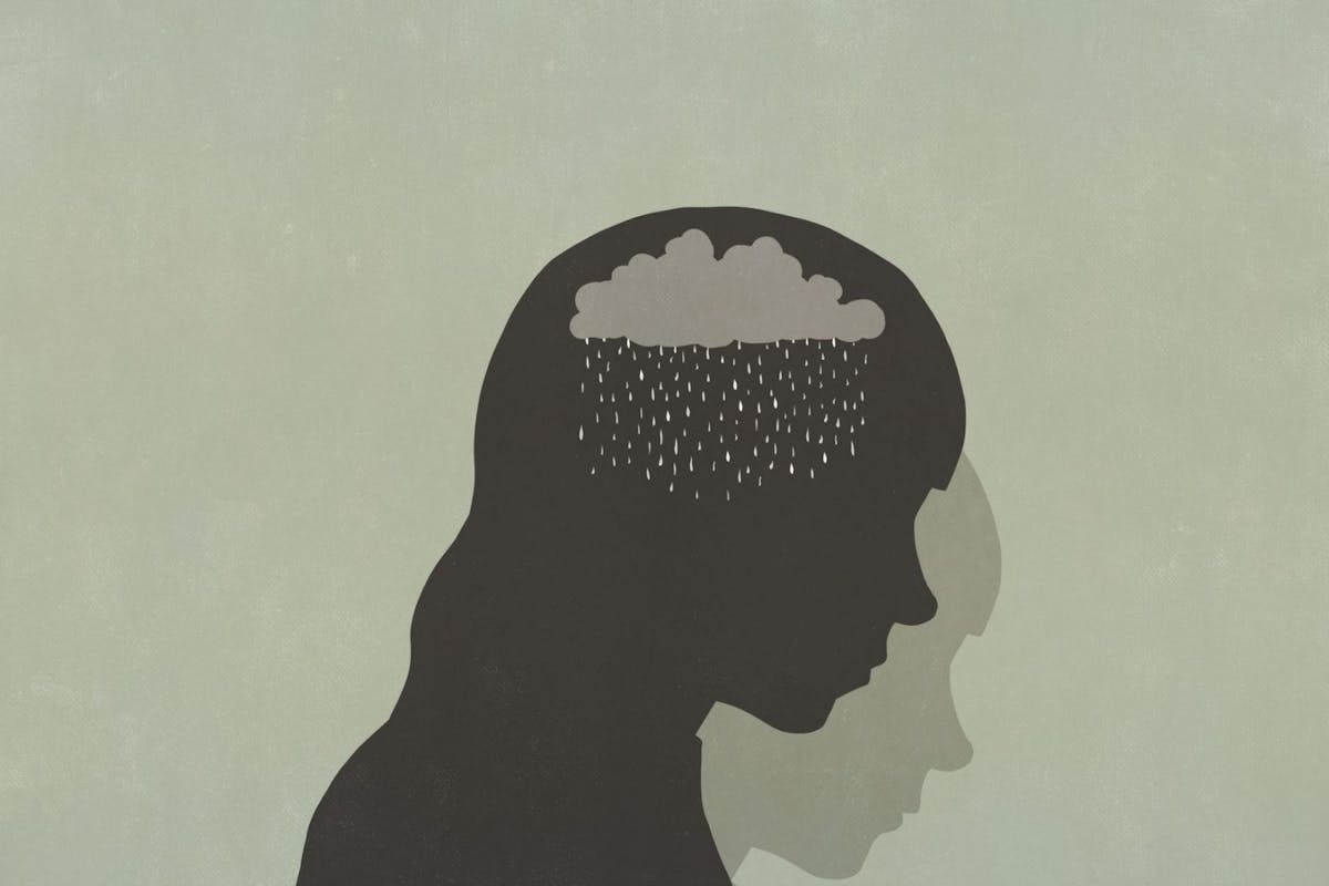 an illustraion of Silhouette sad woman with rain clouds in head