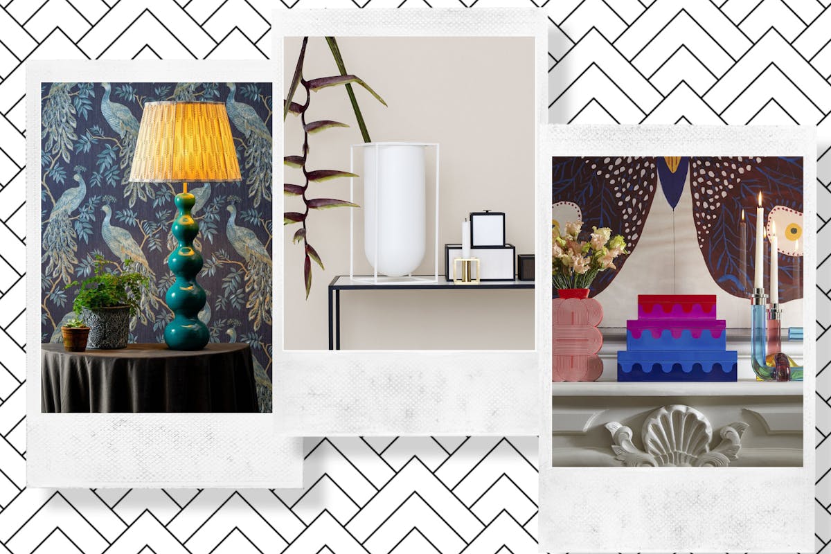 a photo collage of three images with lacquered homeware