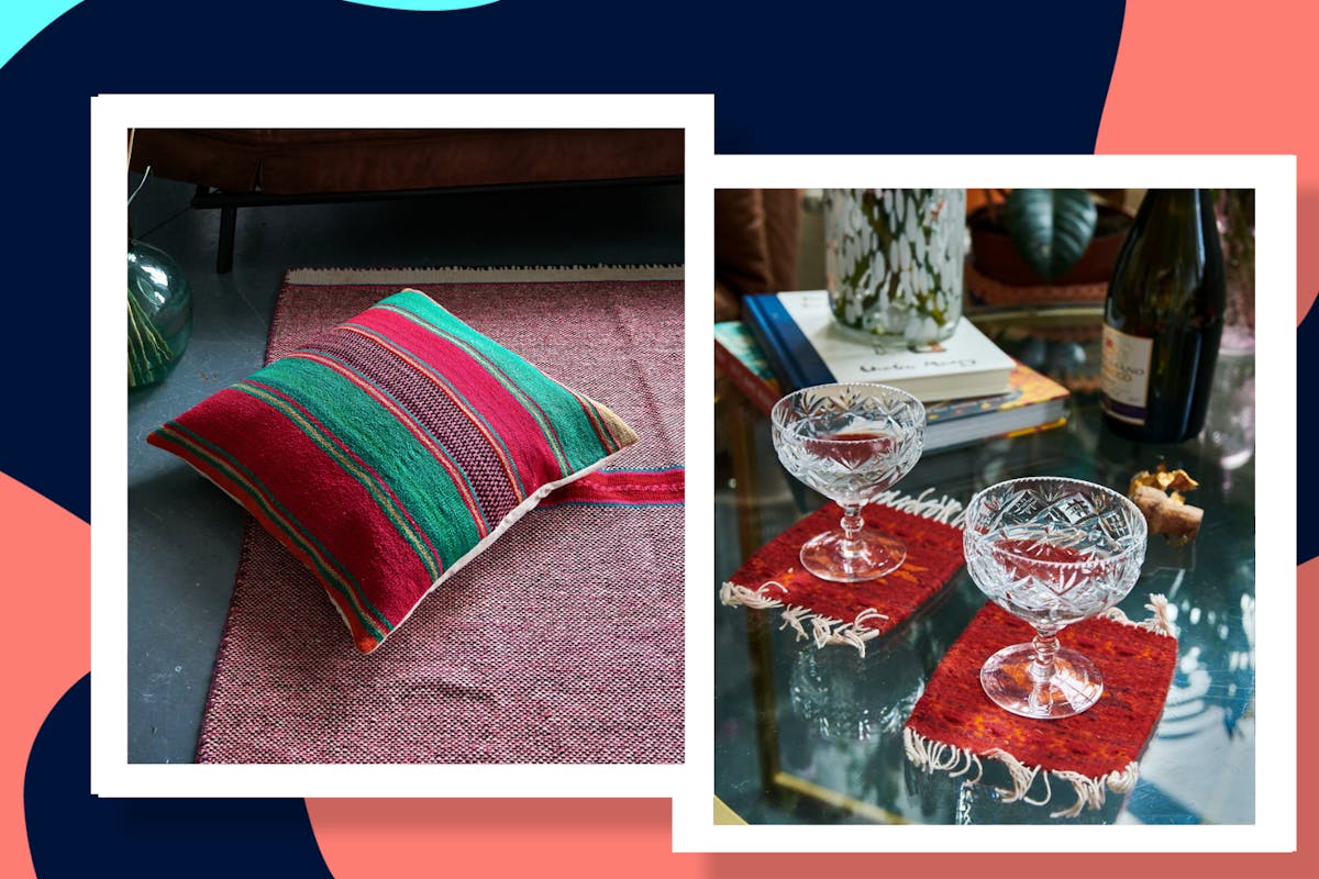 a collage of two photos of a floor cushion and wine glasses on coasters