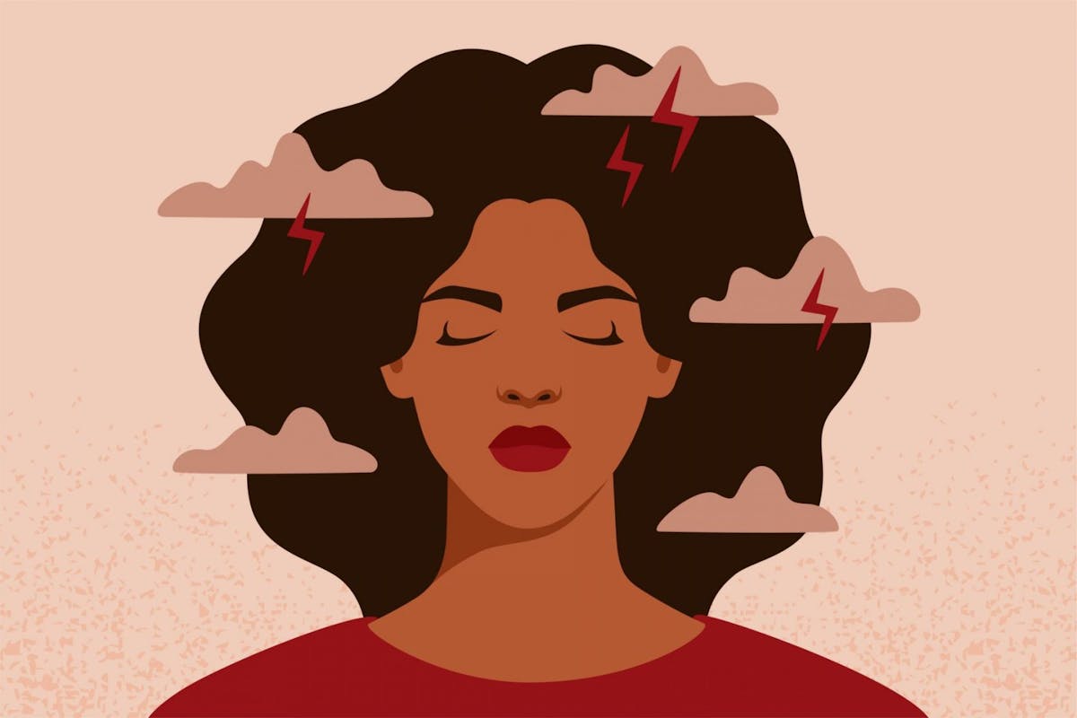 an illustration of African American woman feels anxiety and emotional stress.