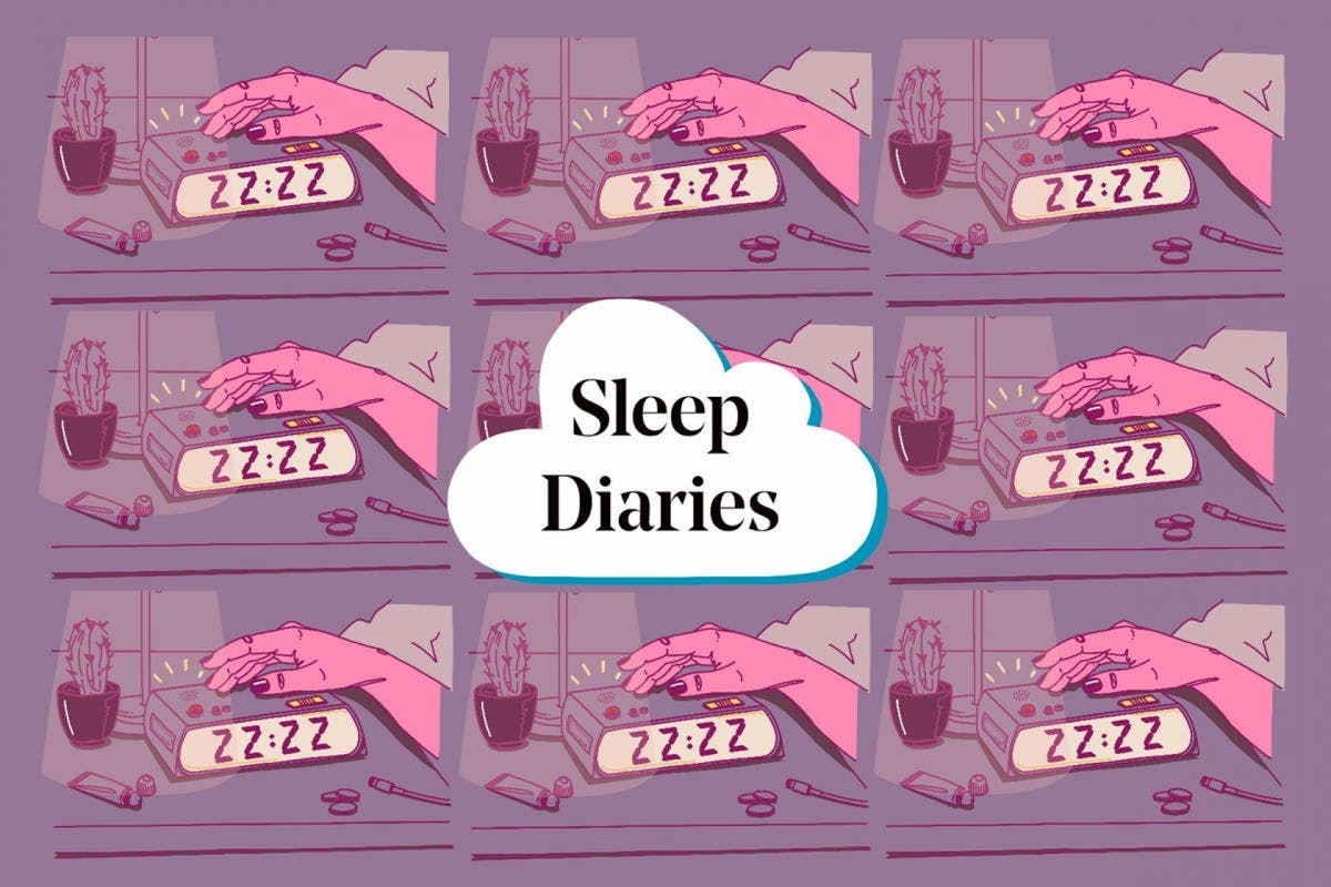 Stylist sleep diaries illustration with an alarm clock and a hand pressing buttons