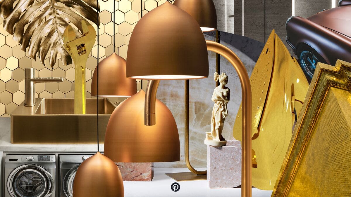a collage of gold and copper home accessories