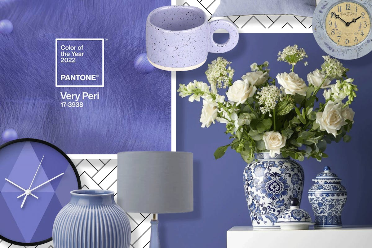 a collage of home accessories in very peri blue
