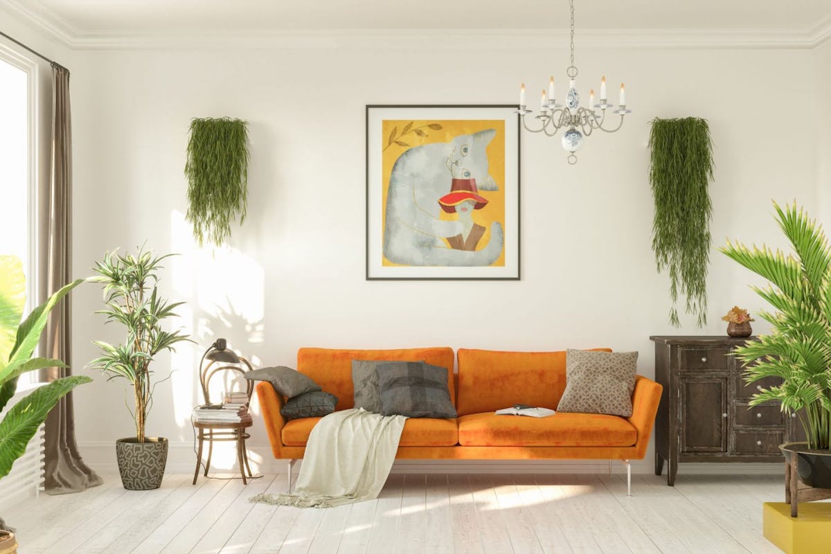 a living room with an orange sofa