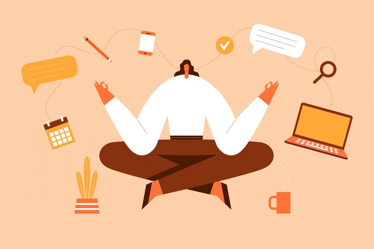 An illustration of a woman in a yoga pose surrounded by work concepts such as a laptop and a calendar