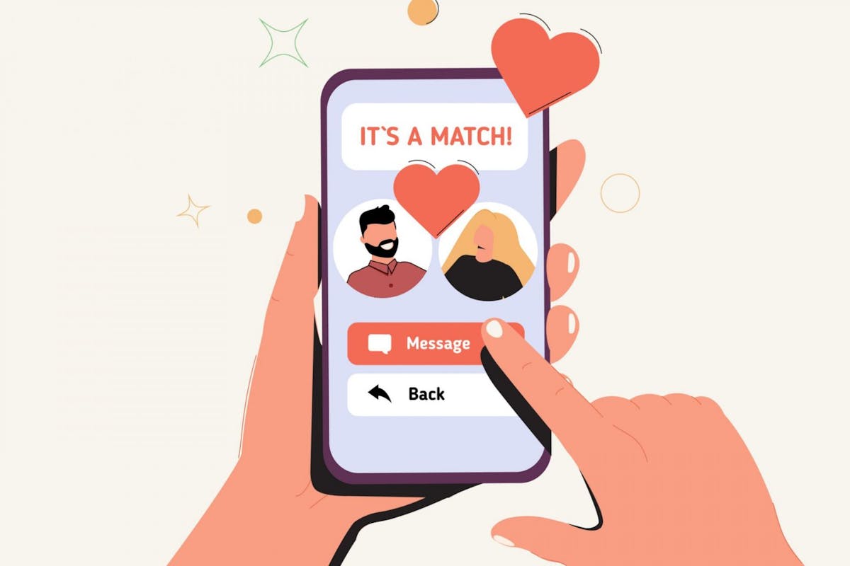 Female hand holding mobile phone with dating app interface.
