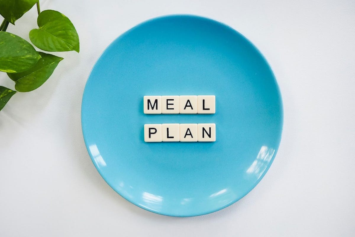 A blue plate with a meal plan