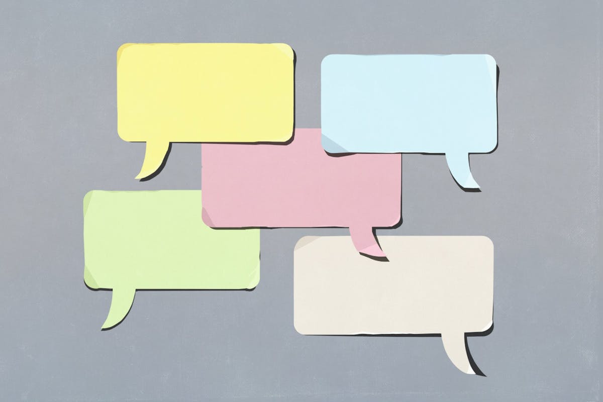 Coloured speech bubbles against a grey background