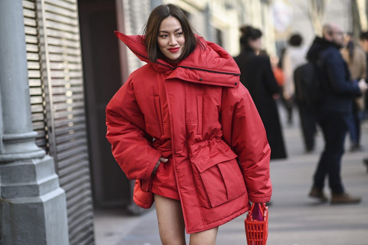Tiffany Hsu Wear Red Puffer Jacket at Paris Fashion Week