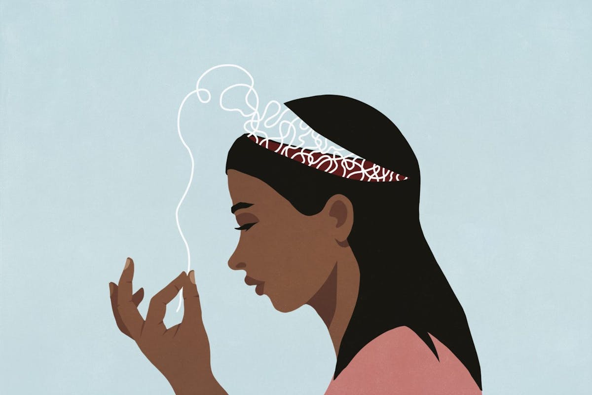 Illustration of a woman pulling thread through brain