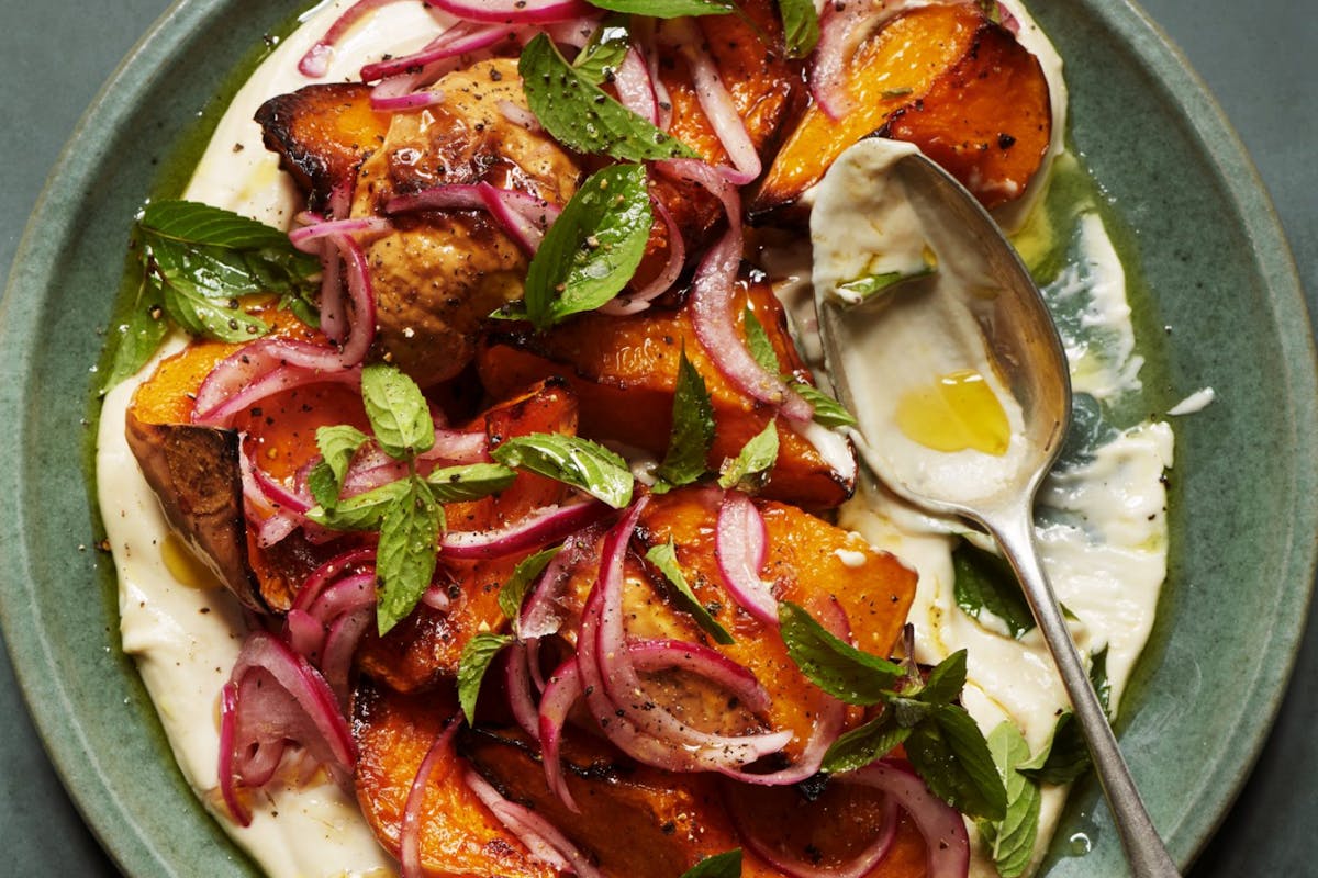 Roast butternut squash with whipped tahini, pickled onion and mint by Joe Woodhouse