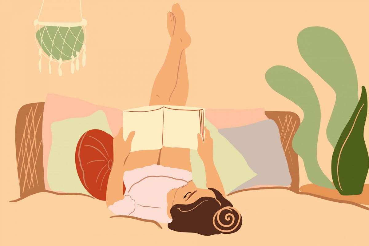 An illustration of a woman relaxing at home reading a book