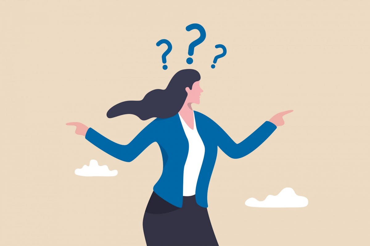 An illustration of a confused woman with question marks over her head